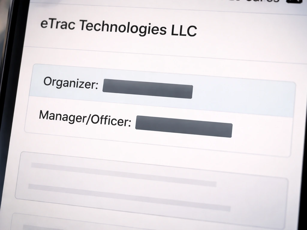 Close-up of an anonymous business registry page showing redacted organizer/ownership fields for eTrac Technologies LLC.