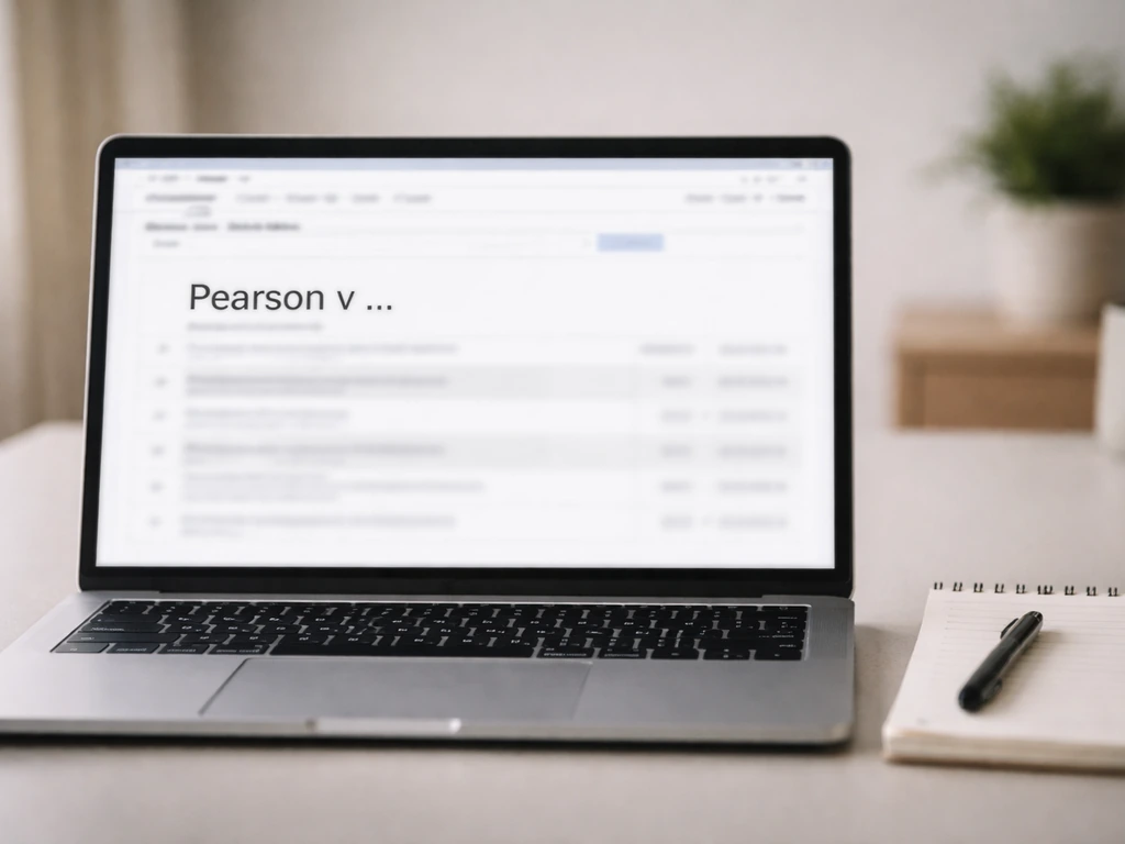 Laptop on a desk showing a blurred court docket entry starting with “Pearson v …”