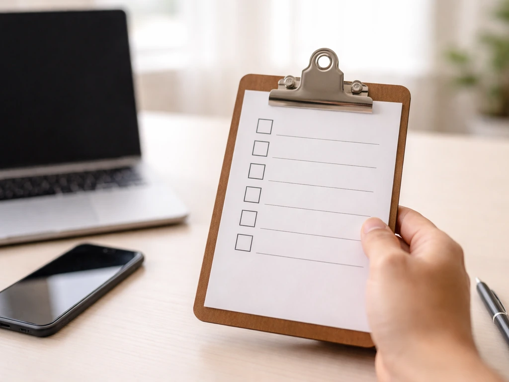 Hand holding a clipboard checklist beside a laptop and phone, symbolizing verifying business records