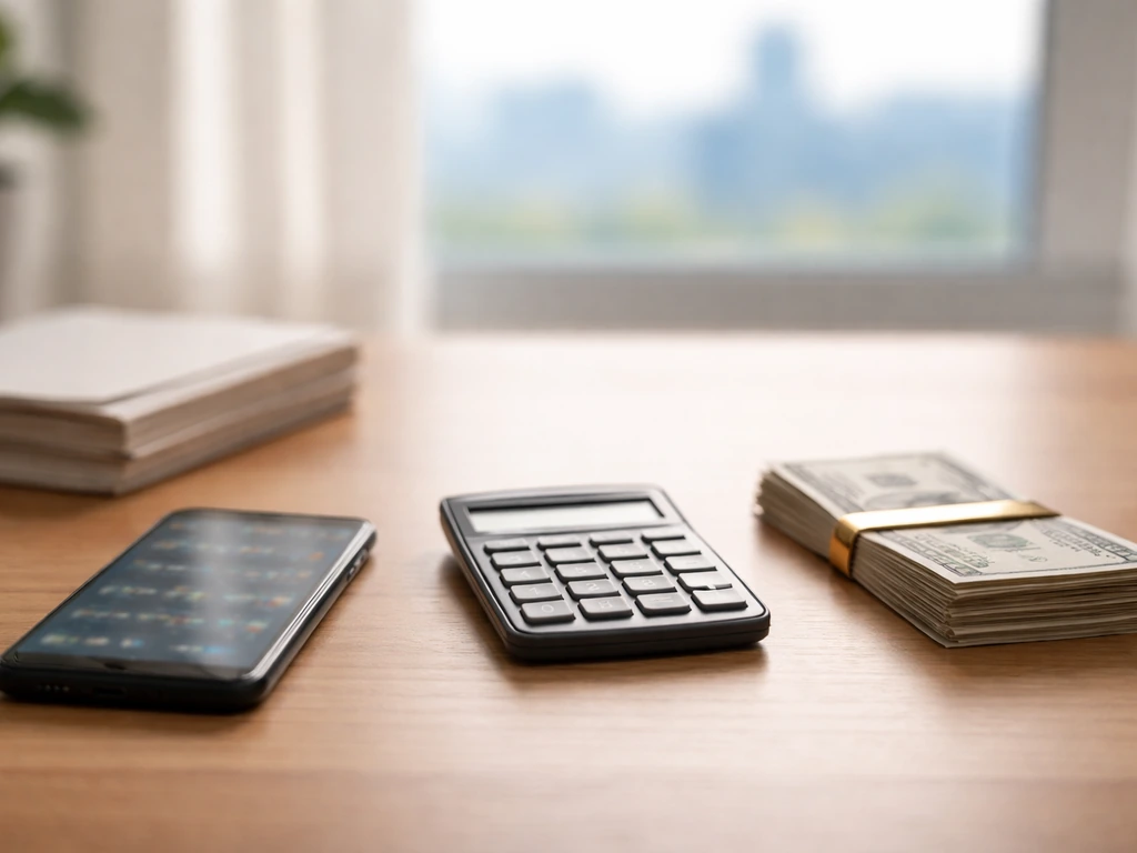 Close-up of a business desk with a smartphone showing blurred finance icons and a calculator beside cash
