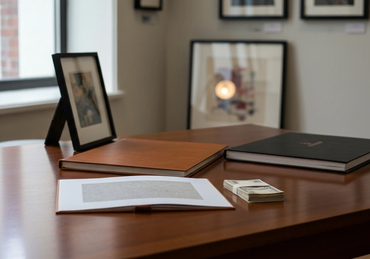 Minimal photo of a gallery-style workspace with a leather-bound book, auction catalog, and soft cash symbolism.