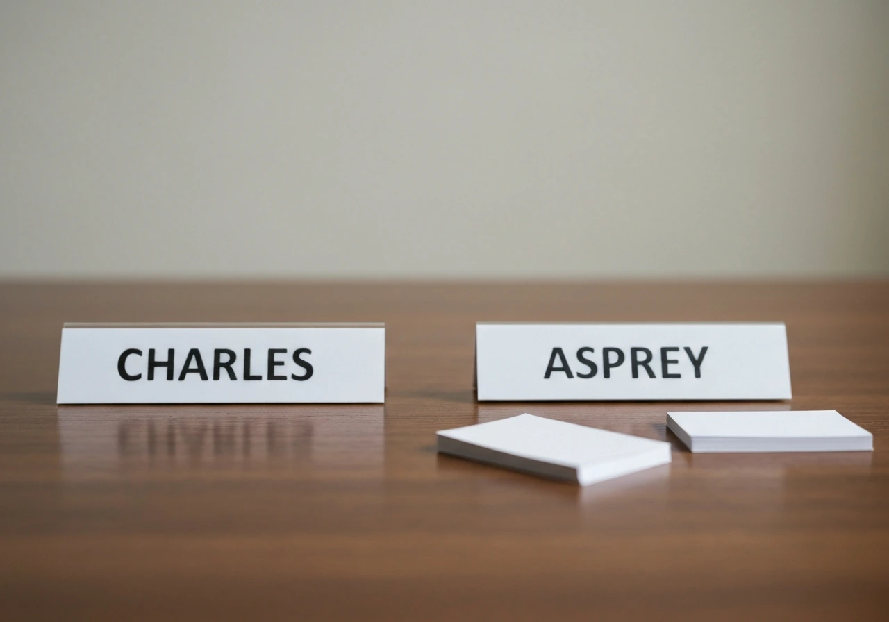 Two blurred, side-by-side nameplate objects on a desk suggesting confusion about the same name.