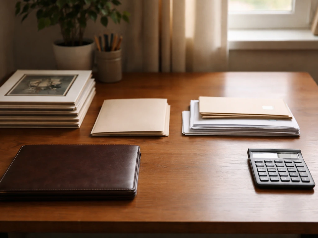 Minimal tabletop scene with art prints and a stack of envelopes, symbolizing assets vs liabilities.