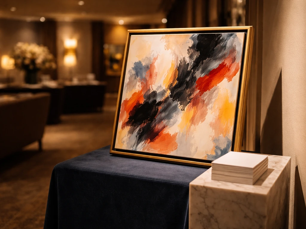Luxury auction preview scene with a framed artwork and blank cards on a marble podium.