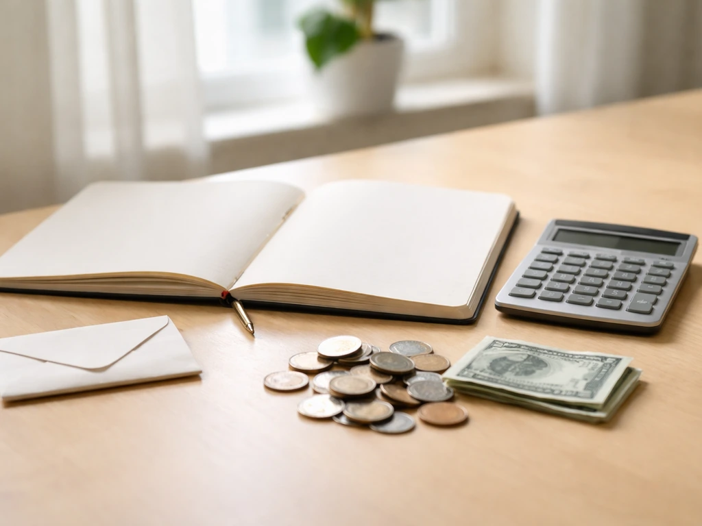 Minimal photo of a notebook and calculator beside coins, symbolizing assets minus liabilities