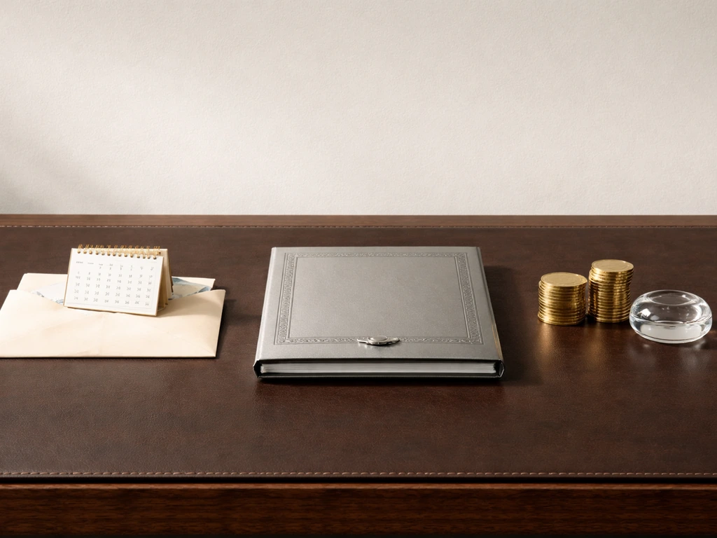 Minimal desk scene with paycheck envelope, stock certificate folder, and gold coins suggesting income sources.