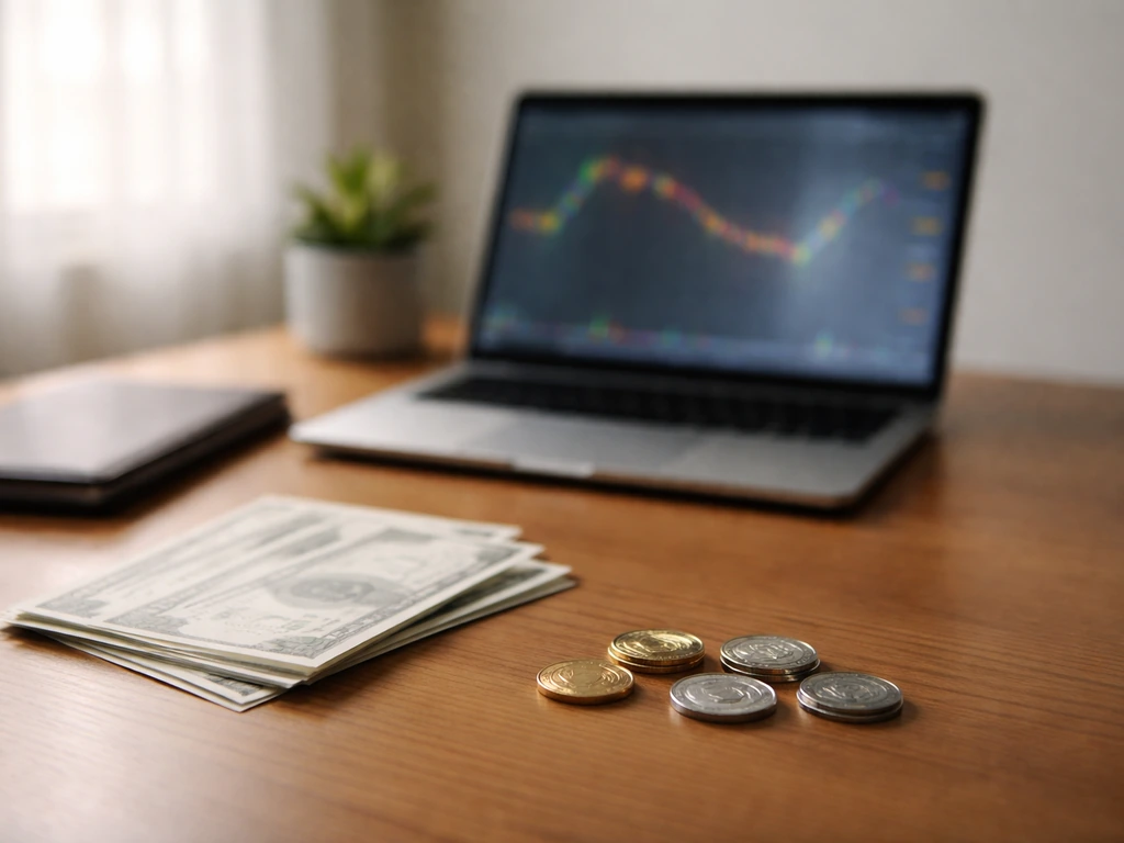 Minimal desk scene with laptop glow and coins, symbolizing stock-value changes over time.