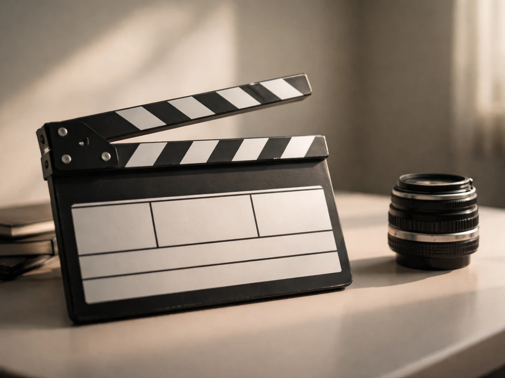 Clapperboard and camera lens on a desk, suggesting classic TV/film identity without any person