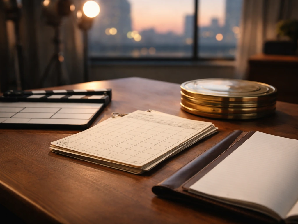 Minimal film office desk with film slate and canister, evoking budgeting and earnings analysis.