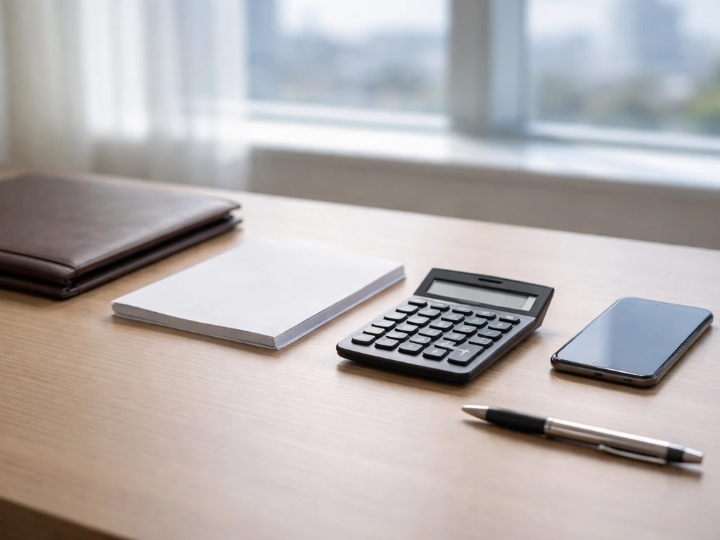 Minimal desk scene with a folder and calculator, suggesting assets vs liabilities framework.