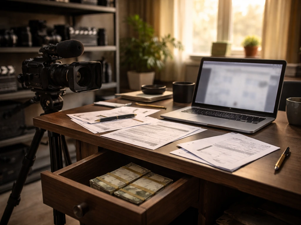Minimal studio office scene with a video camera and money envelopes symbolizing media and wealth verification.