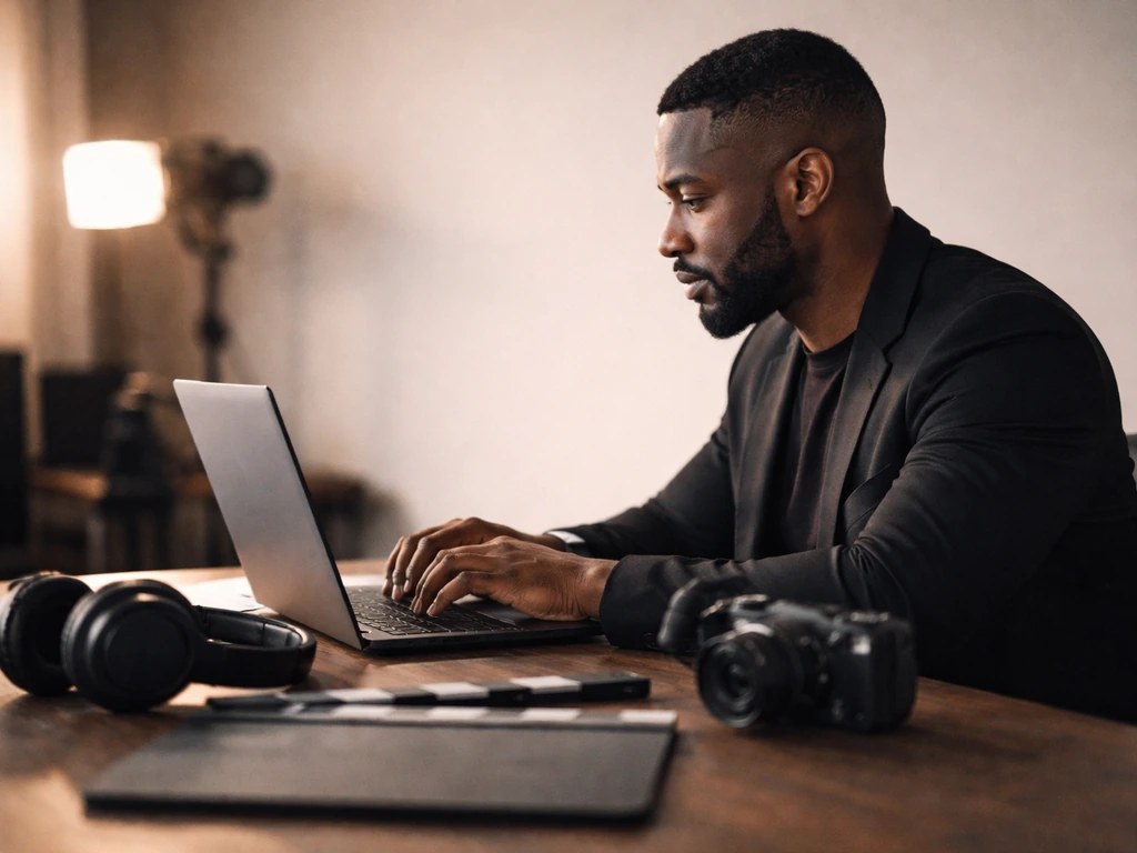Anonymous Nigerian film producer at a minimal office desk with headphones and camera equipment.