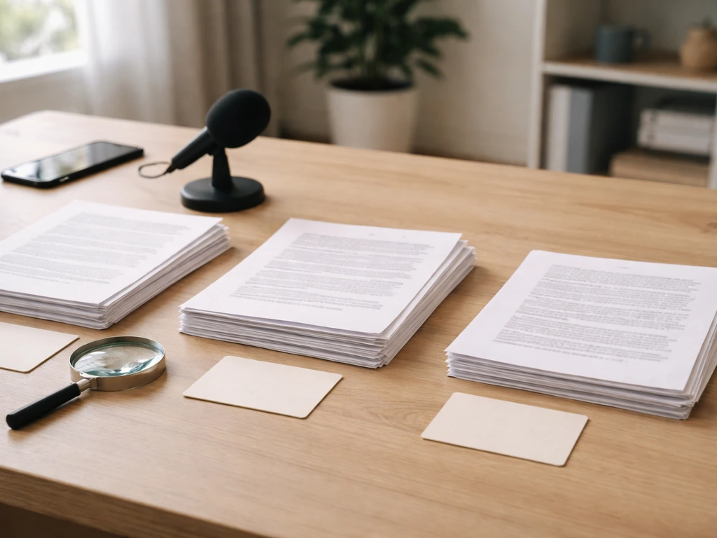 Minimal desk scene with three stacks of documents, blank cards, and a magnifying glass suggesting scrutiny of sources.