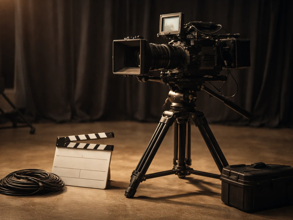 Cinematic movie camera on a tripod inside a quiet studio with dark curtains in the background.