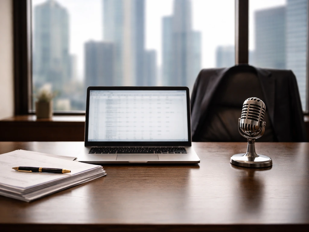 Minimal photo of an MBNA-style finance executive desk with a laptop, documents, and a focused microphone