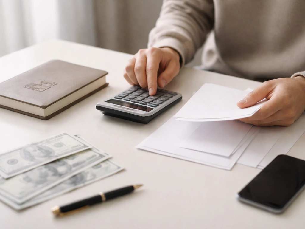 Close-up of hands sorting luxury papers and a calculator beside a money-themed notebook on a desk
