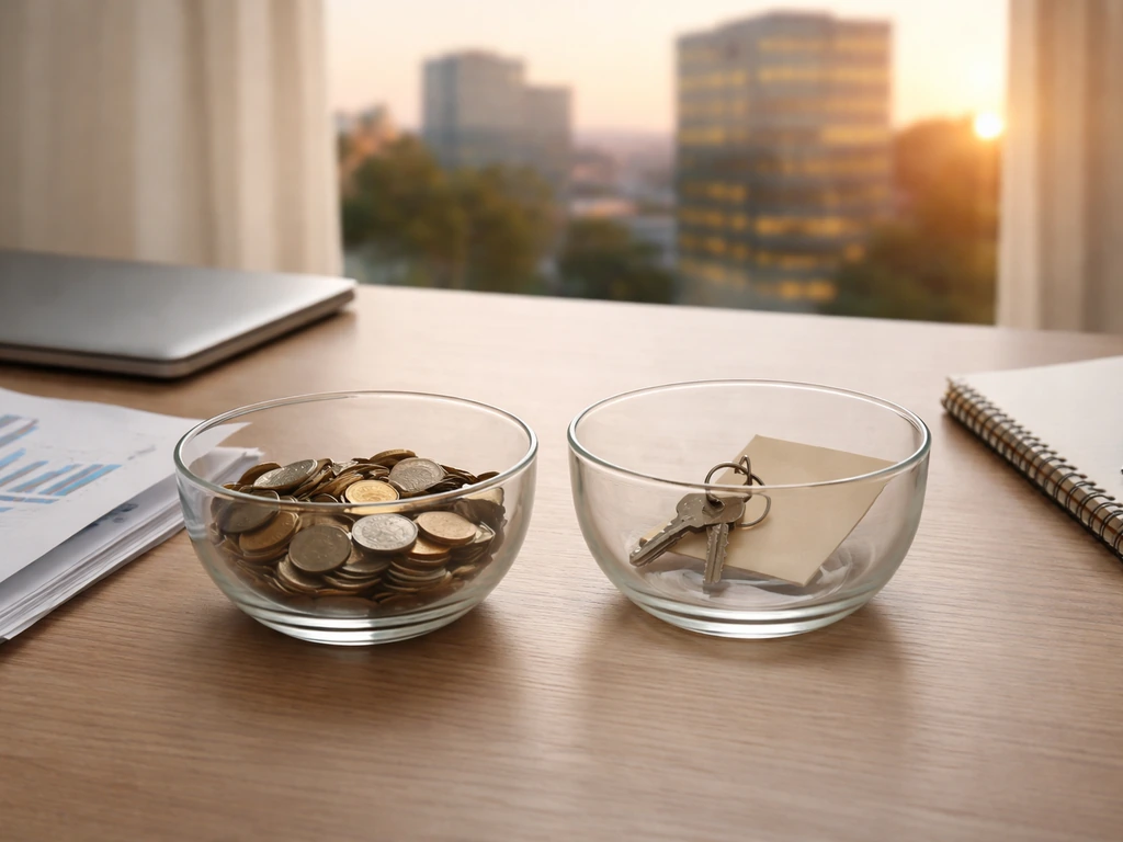 Desk scene with documents and two glass bowls of coins and keys, suggesting assets minus liabilities.