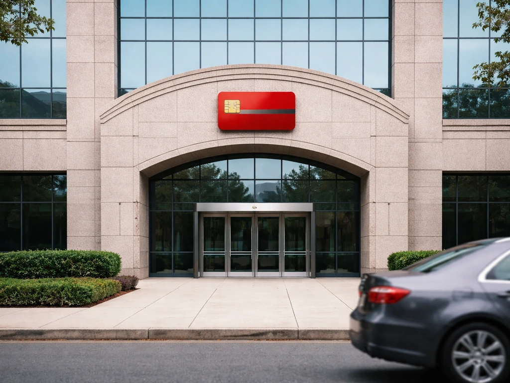 Quiet exterior of a modern financial building with a red credit-card style emblem at the entrance