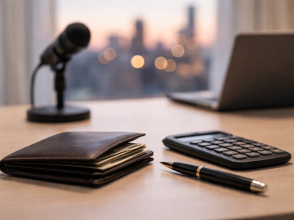 Minimal finance-themed scene with a leather wallet, calculator, and blurred city skyline at dusk