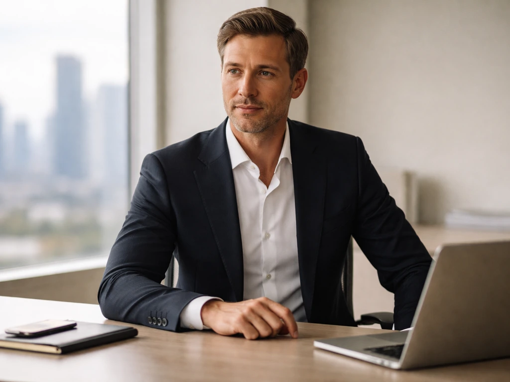 Businessman in a dark suit seated in a modern office, thoughtful expression, soft natural light
