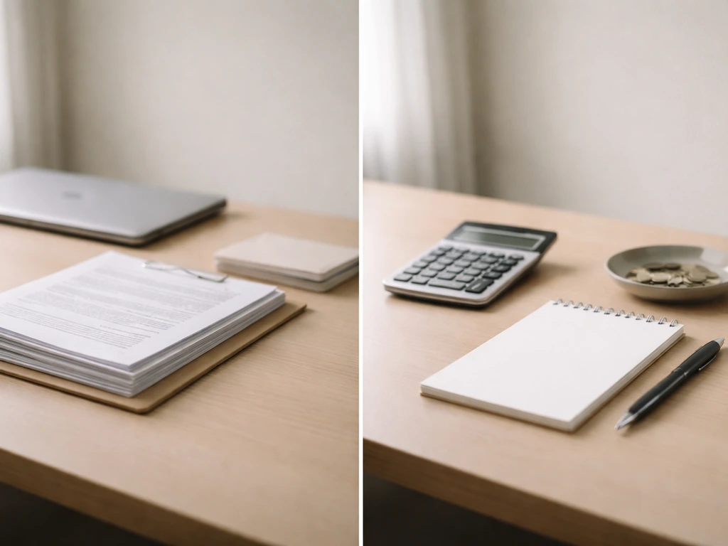 Split desk scene showing verified documents on one side and estimation items on the other