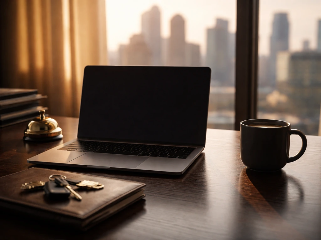 Minimal office desk scene symbolizing wealth and business analysis with laptop, keys, and warm light.