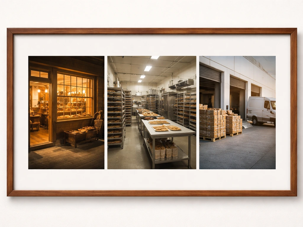 Minimal three-panel photo collage showing early bakery, industrial kitchen, and modern loading dock growth.