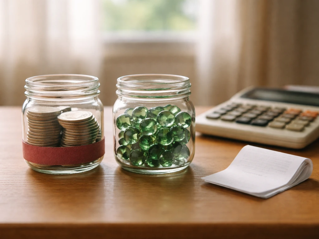Two glass jars on a wooden desk symbolizing sale proceeds and investment returns with natural light.