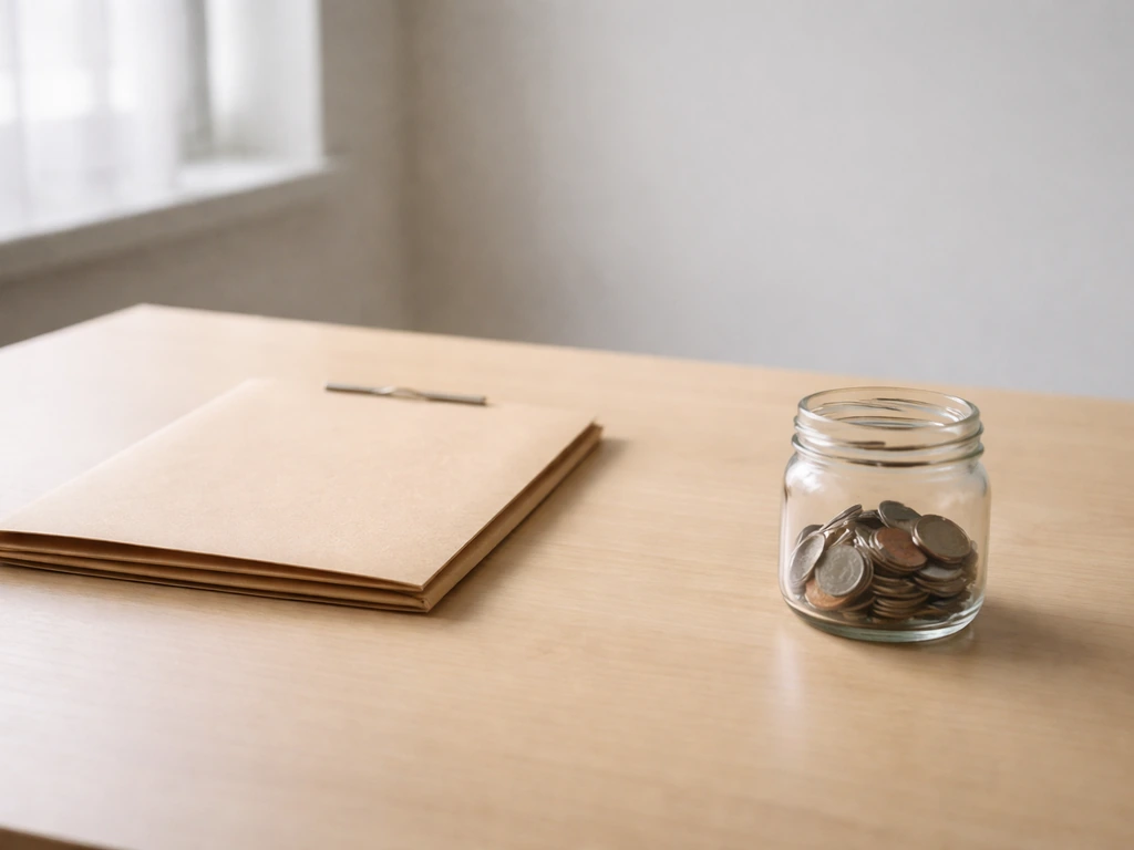 Close-up of an empty office desk with a contract folder and a separate jar of coins side by side