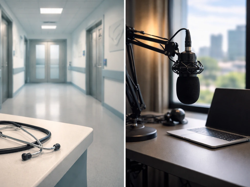 Split-style scene with a cardiology hospital setting on one side and media studio desk on the other, no people.