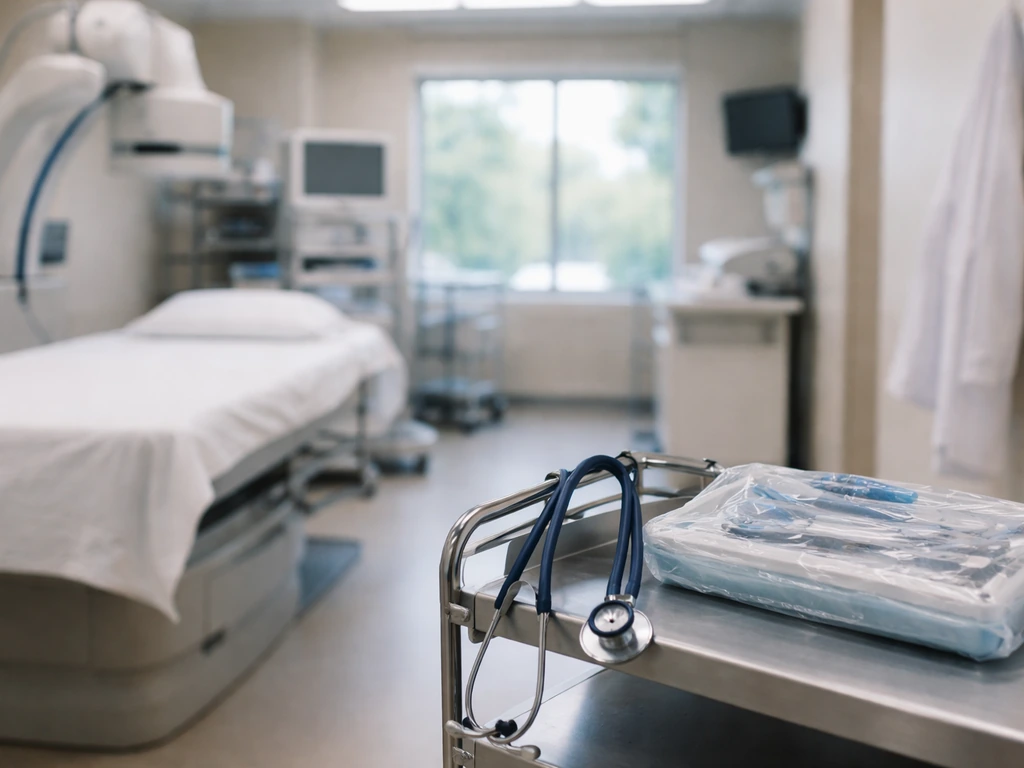 Clean hospital procedure room with cardiology equipment and a stethoscope on a cart, no people present.