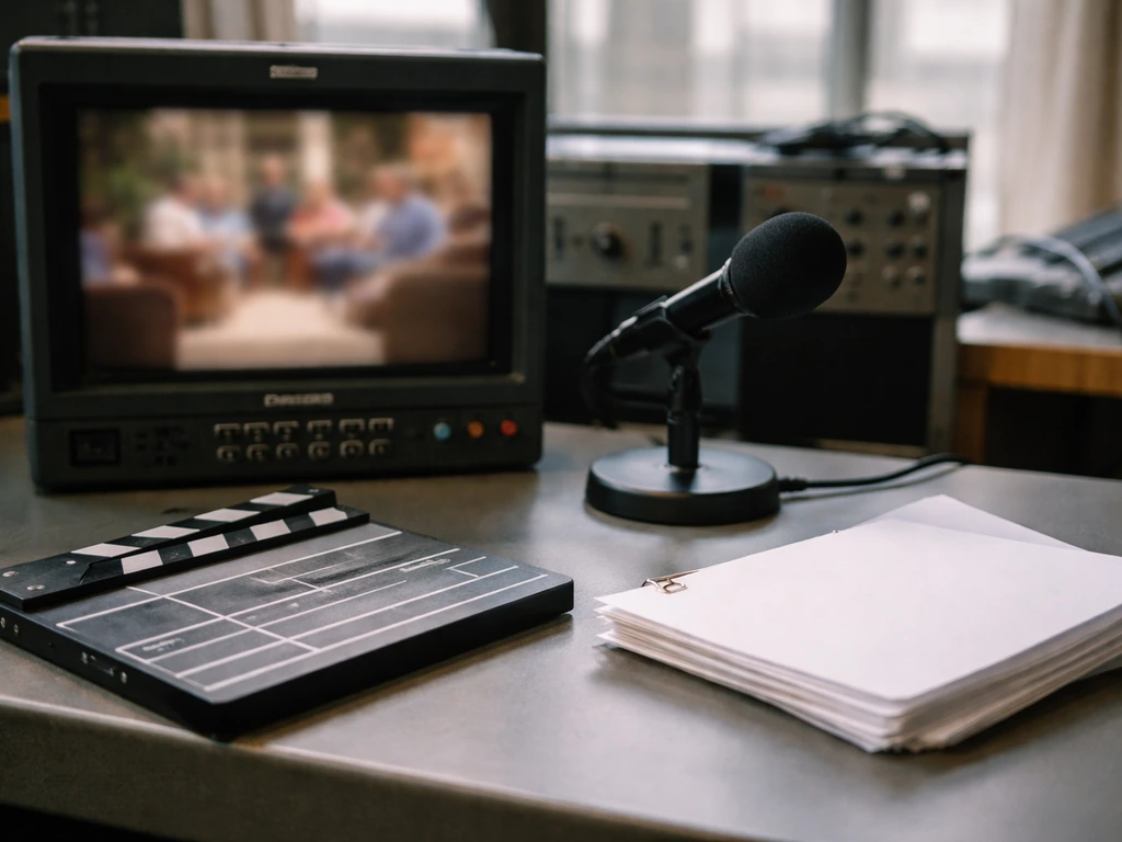 Minimal TV studio desk with blurred monitor and microphone, evoking acting and broadcast earnings.