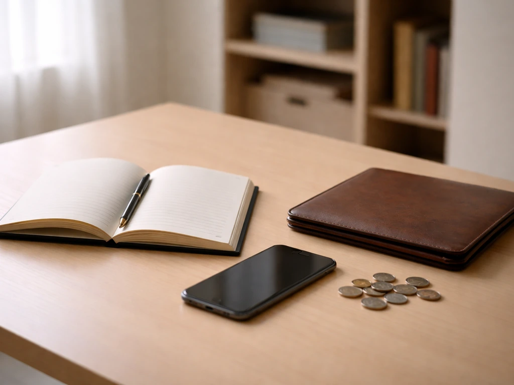 Minimal desk scene with coins and an open notebook, symbolizing financial assessment without text.