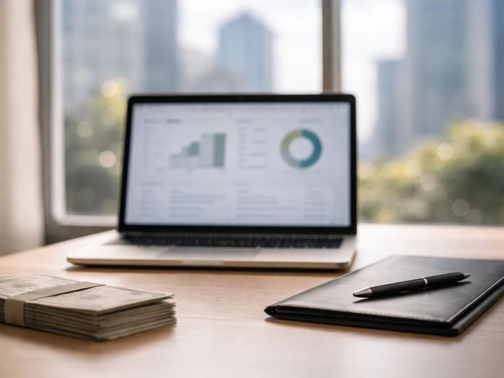 Minimal desk with blurred laptop and finance props symbolizing net worth analysis