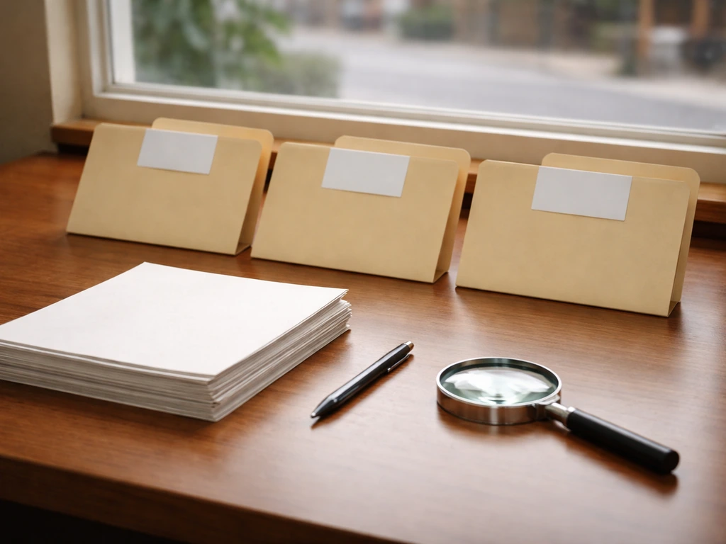 Three folders and a pen on a desk, symbolizing sorting out multiple public records for the same name