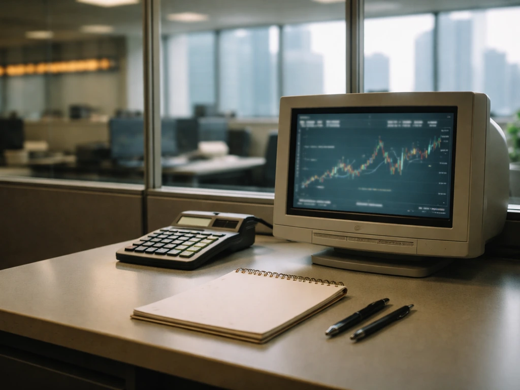 Minimal Wall Street research desk with blurred CRT macro lines and city skyline through window.