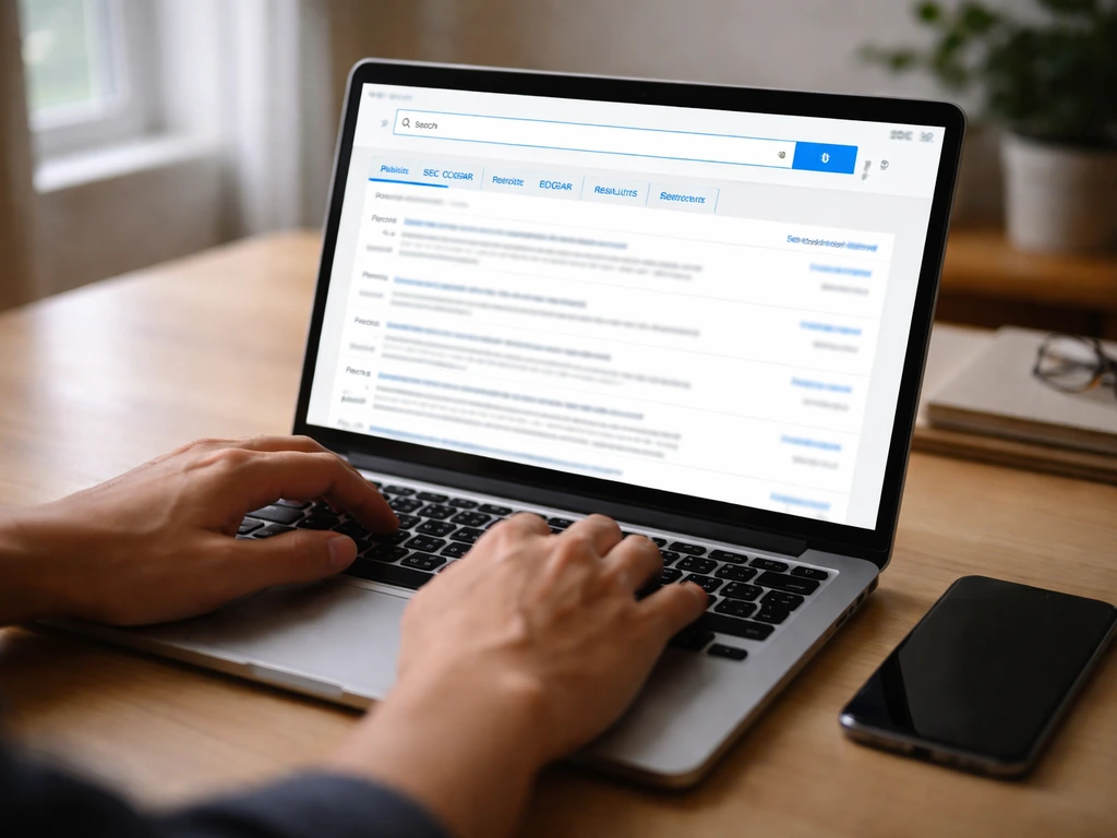 Hand using laptop to research investment data, with browser search results flow on screen.