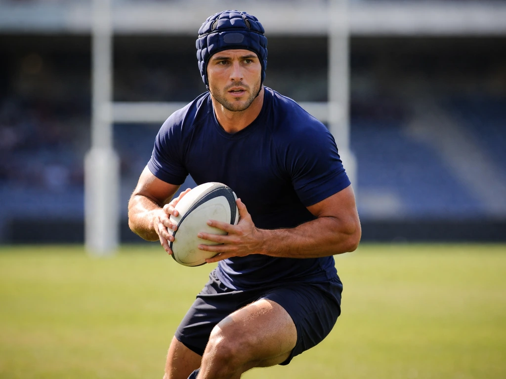 French rugby player in a stadium wearing a dark blue jersey during a match
