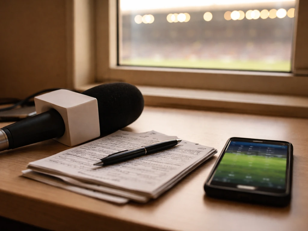 Rugby-themed media desk with microphone and blurred stadium lights, symbolizing match income analysis.