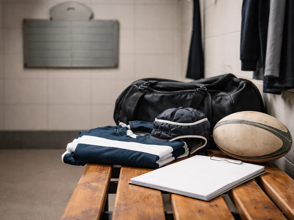 Rugby kit bag and blank binder in a club locker room, hinting contract and salary context.