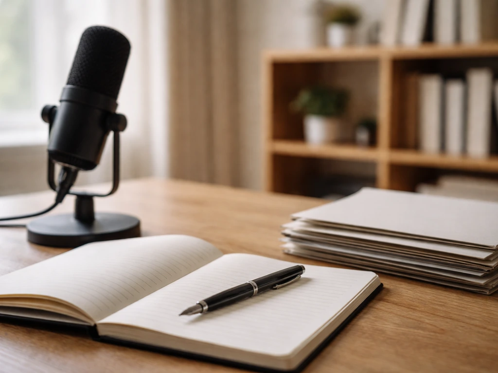 Desk scene with blank notebook, pen, microphone, and folders suggesting documentary research and finance analysis.