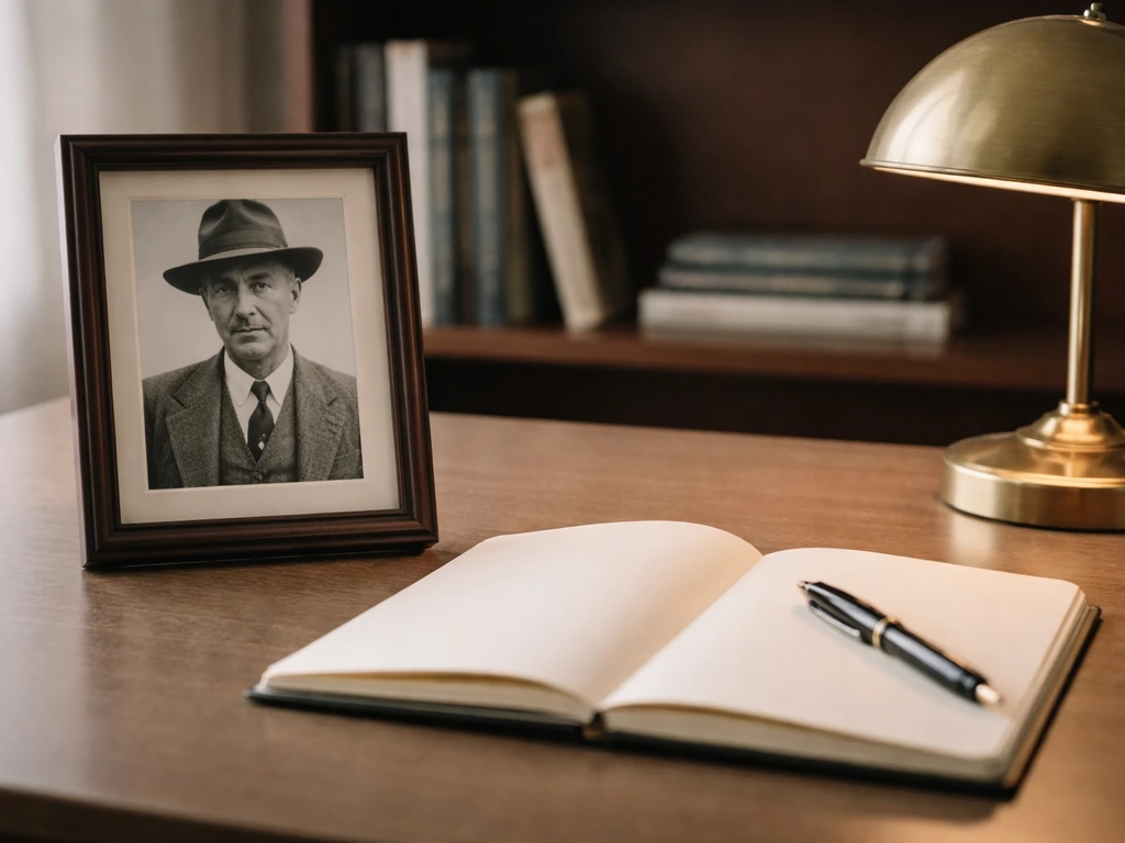 Desk with a framed vintage photo and pen, suggesting a family legacy without showing any identifiable people.