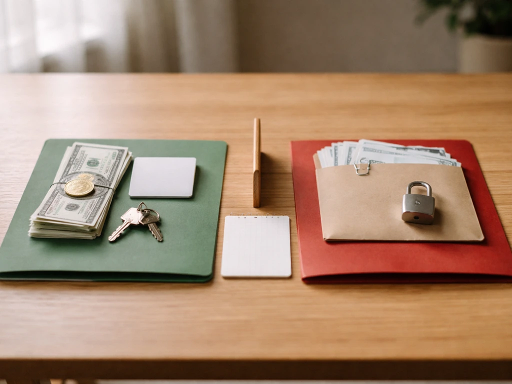 Minimal desk with two piles of symbolic assets and liabilities separated, suggesting assets minus liabilities.