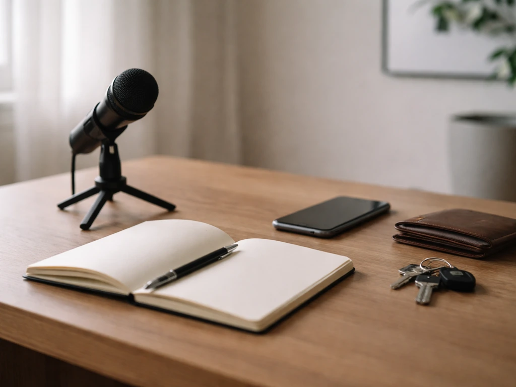 Minimal photo of a quiet desk setup with a smartphone, notebook, and a microphone, symbolizing income drivers