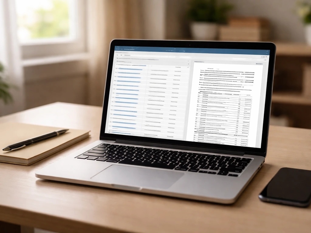 Laptop on a desk showing a blurred nonprofit database results page and Form 990-style document preview.