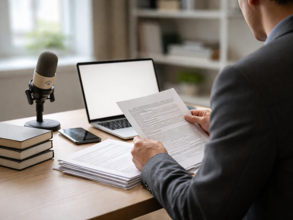 Anonymous finance researcher reviewing documents beside a microphone in a quiet office