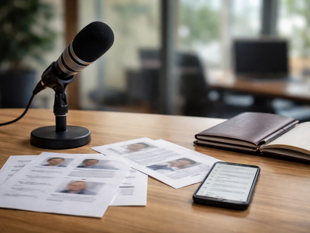 Minimal office desk scene with microphone and blurred smartphone, symbolizing searching to confirm the right person.