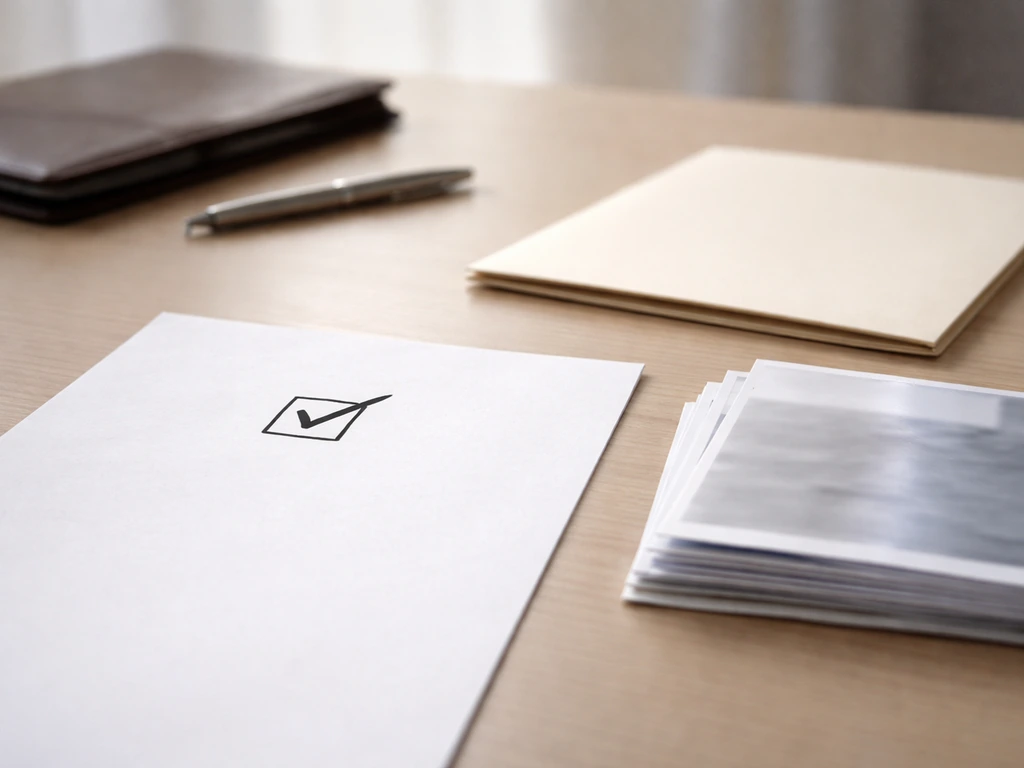 Minimal desk scene with a checkmark-style stamp on documents and a blank folder to contrast include vs exclude