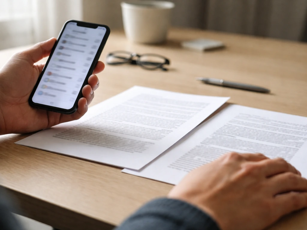 Person at a desk comparing documents and a phone during an identity and number verification workflow