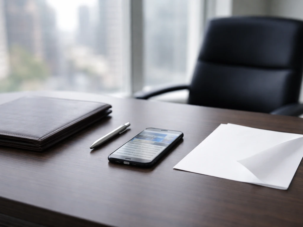 Minimal office desk with money-adjacent items and blurred finance media in natural light